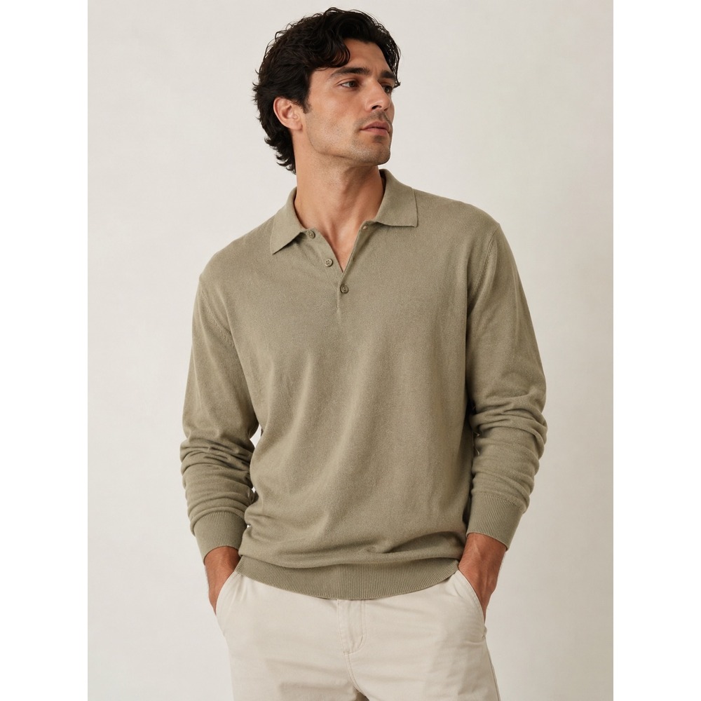 Eddie Bauer Mens Olive Green Cotton Cashmere Blend Polo Sweater. Size Large Tall